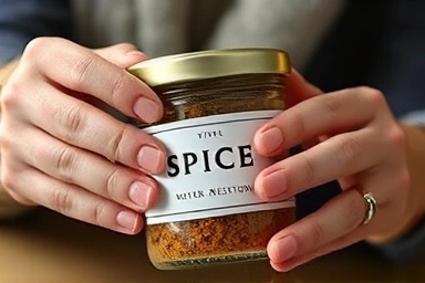 Applying a stylish label to a spice jar.